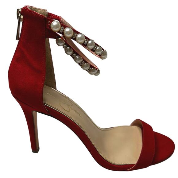 Jessica Simpson Womens 8M Jalinda Sandals Heels Red Velvet Pearl Ankle Strap New - Picture 1 of 9